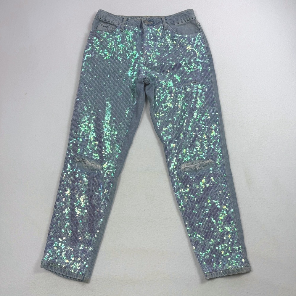 Topshop Moto Hayden Iridescent Sequin Distressed Jeans W26 L30 Light Wash Denim
